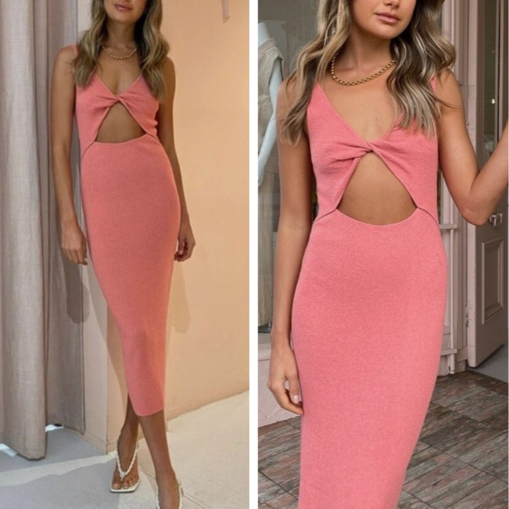 Bec & Bridge Oasis Twist Midi Dress - Salmon Pink Blush Knit Party Cocktail Soft
